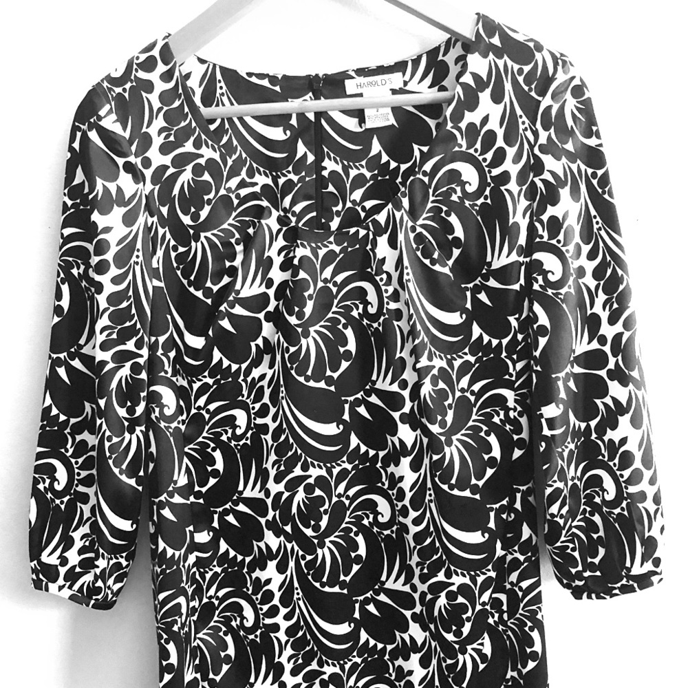 Harold’s black and white cocktail dress